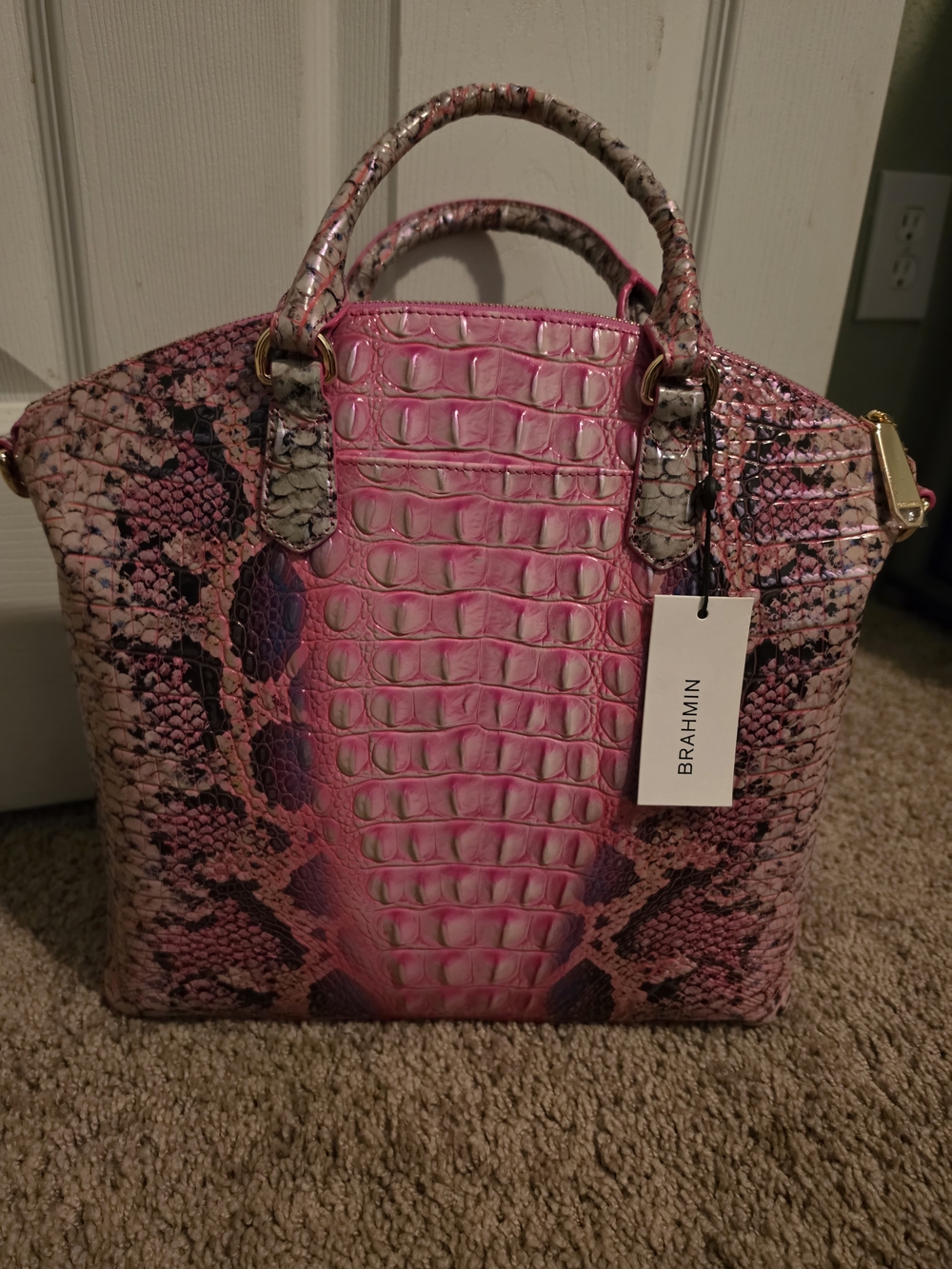 New Brahmin Pink Snake-Embossed Satchel with Purple Accents - Picture 4 of 13